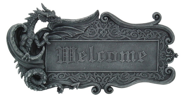Türschild "Welcome" Drache mit Schild in den Klauen Türschild "Welcome" Drache mit Schild in den Klauen