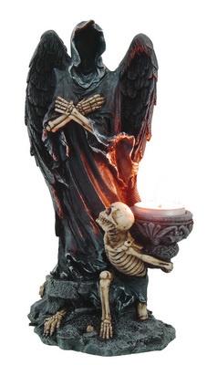 Angelo delle anime defunte con portacandela a forma di scheletro