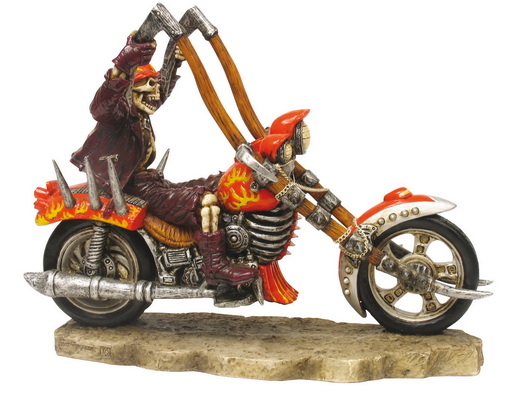 708-3704_23x10x17_cm Skelettbiker mit Bandera auf Skelettchopper