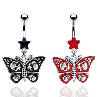 Piercing all'ombelico Gothic Butterfly con teschio rosso